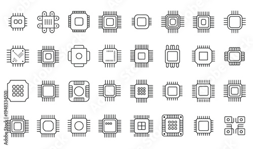 Collection of line icons representing various computer microprocessors and CPU chips.