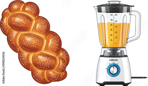 Braided sweet bread loaf and kitchen blender appliance with juice food preparation cartoon vector illustration set