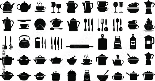 Kitchen utensil and cookware silhouette collection, cooking tools vector icons, pots teapots cups cutlery set, restaurant kitchen equipment illustration