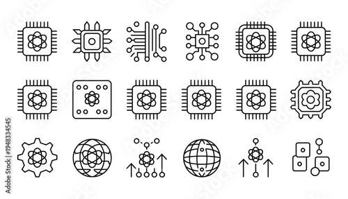 Abstract icons of atomic structures, microchips, and global network connections.