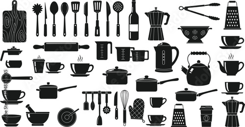 Kitchen utensil silhouette collection, cooking tools vector set, cookware and tableware icons, kitchen equipment illustration, black culinary objects, restaurant and home cooking elements