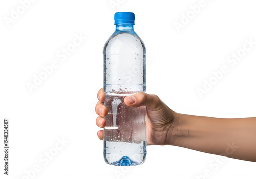 A hand holding a plastic water bottle isolated on transparent background