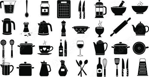 Kitchen utensils silhouette set, cooking tools and cookware collection, kitchenware icons including pot kettle knife spoon grater vector illustration isolated