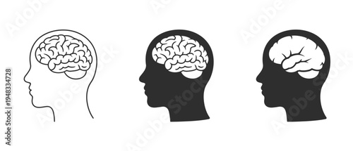 Human head profile with brain illustration in outline, silhouette, and negative space styles.
