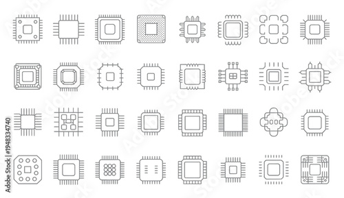 Collection of diverse computer microchip icons on white background, technology concept