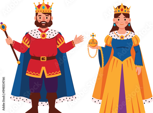 Medieval king and queen royal couple wearing crowns holding scepter and orb monarchy cartoon vector illustration