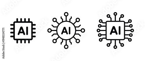 Artificial intelligence AI microchip icons on white background, technology concept