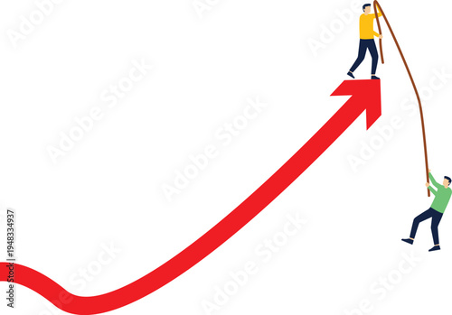 Businessman on arrow assisting coworkers representing business growth

