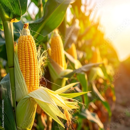 Close-up of ripe corn stalks in field at sunset, leaves and silks visible