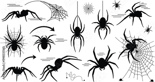 Creepy Spider Silhouette Collection with Crawling Arachnids, Webs and Motion Elements for Halloween Horror Design and Gothic Decoration Illustration