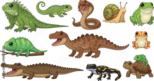 Reptile and amphibian animals collection including lizard snake crocodile turtle frog salamander and snail cartoon vector illustration set