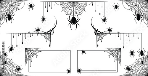 Halloween Spider Web Frames and Borders Set with Creepy Spiders, Cobweb Corners and Dripping Horror Elements for Spooky Invitation Design