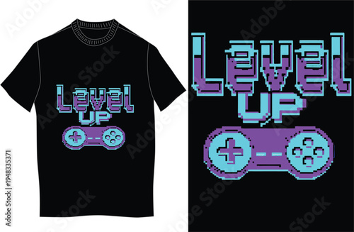 “Level Up Retro Gaming T-Shirt Design with Pixel Game Controller – Vintage Gamer Typography Graphic”