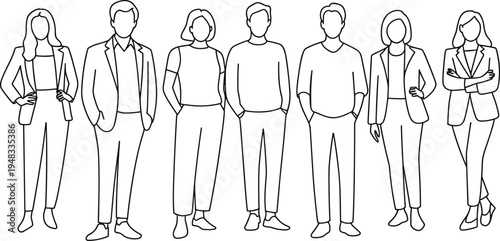 Black and white line drawing illustration of diverse business professionals standing together in teamwork, collaboration, corporate unity, workplace diversity, and organizational success concept art.