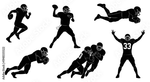 American Football Players Silhouette Set. Sport Glyphs in Action Poses on White