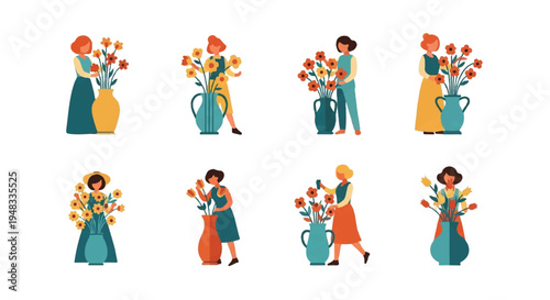 Woman arranging flowers in vase collection illustration