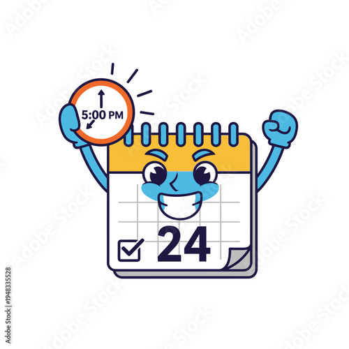 Cartoon calendar character holding a clock showing 5 PM with a triumphant expression.