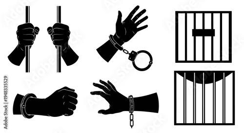 Law and Justice Black  White Glyph Icon Set: Hands, Handcuffs, Chains, Prison Bars