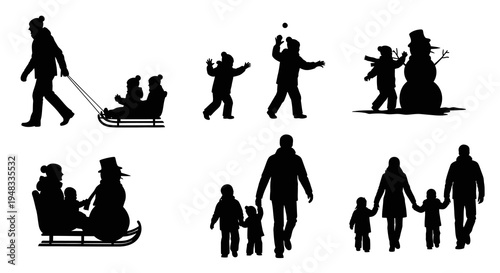 Black  White Silhouettes of Family Activities in Winter Season