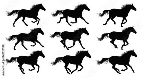 Black Galloping Horse Silhouettes Vector Collection for Equestrian and Wildlife Art
