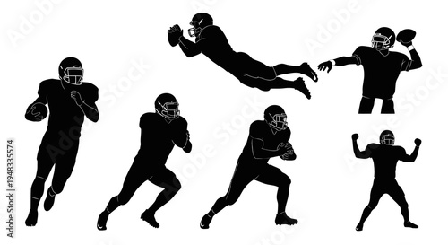 American Football Players Silhouettes Vector Set - Dynamic Black and White Sports Graphics