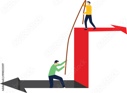 Business friendship and assistance, isometric businessman standing on tall growing red arrow holding ladder to help colleague who is stuck in the ground to climb up

