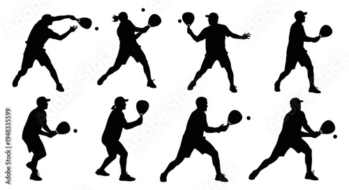 Active Padel Pickleball Racket Sports Players Silhouettes Vector Set