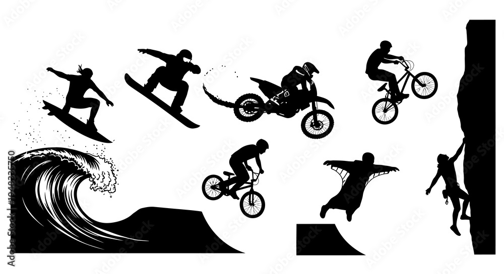 Naklejka premium Action Sports Silhouettes: Surfing, Snowboarding, Motocross, BMX, Wingsuit, Climbing
