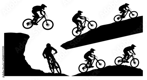 Black and White Silhouettes of Mountain Bikers in Action
