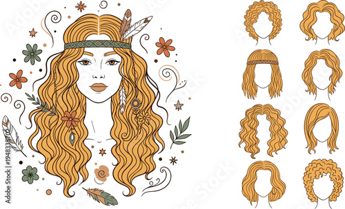 Boho Woman Portrait with Long Wavy Hair and Feather Headband with Curly Hairstyles Collection for Beauty, Fashion and Hairstyle Design Illustration
