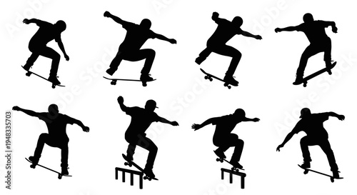 Black and White Silhouettes of Skateboarders Performing Tricks