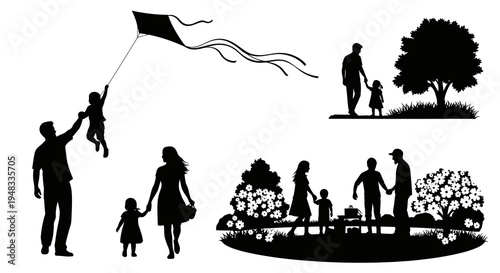 Family Lifestyle Outdoor Activities Vector Silhouettes: Parents, Children, Kite, Picnic