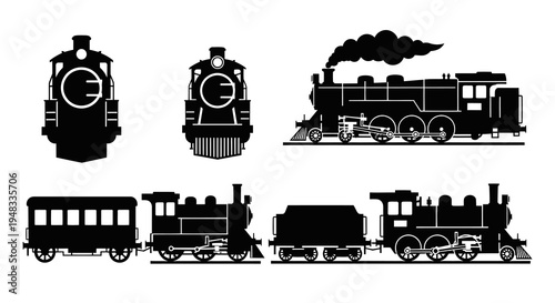 Classic Transportation Railroad Steam Train Locomotive Engines Black Silhouette Vector Icons Set