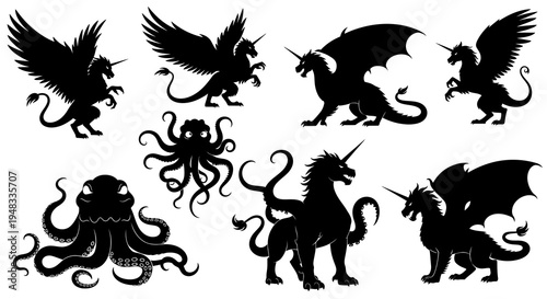 Fantasy Horned Dragons, Winged Unicorns, Octopuses Black Silhouettes