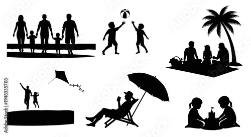 Beach Family Picnic Silhouette Icon - Black  White Vector Art
