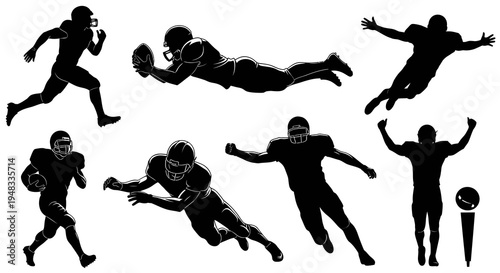 American Football Player Silhouettes Set - Black and White Action Poses
