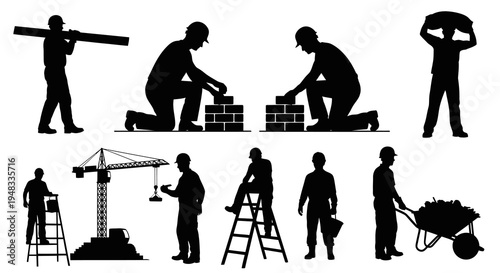 Construction Workers Silhouettes: Crane, Bricks, Wheelbarrow, Ladder, Building - Black  White