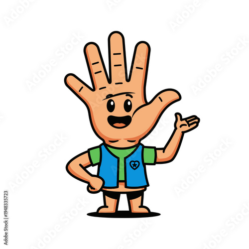 Cartoon hand character with a friendly face and blue vest waving hello.