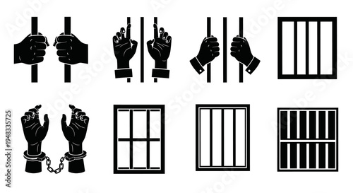 Black and White Icons of Hands and Prison Bars, Captivity Concept