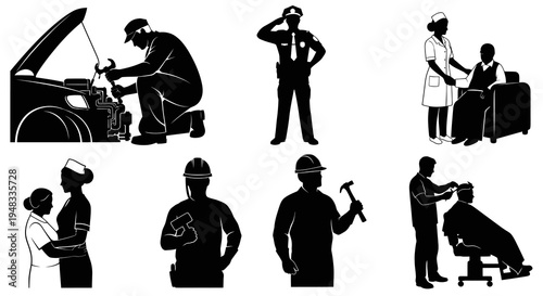Black Silhouette Icons of Diverse Professions: Mechanic, Police, Nurse, Barber