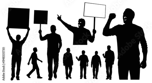 Black Silhouette of Protesters Holding Signs at Rally