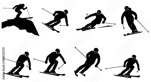 Black and White Silhouettes of Skiers in Various Poses on White Background