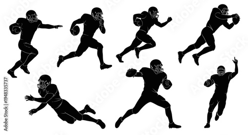 Black and white silhouette of American football players in motion