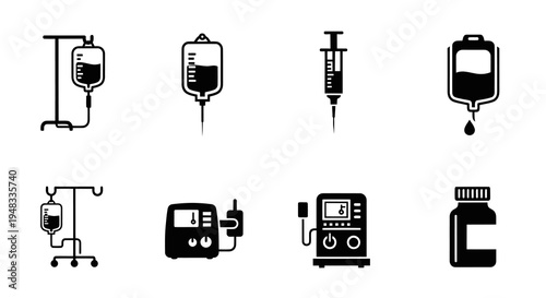 Medical Icons: IV Bag, Syringe, Pump, Pill Bottle in Glyph Style