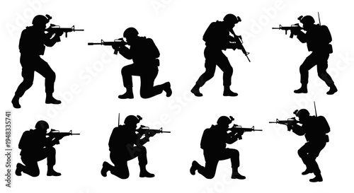 Black Silhouette Soldiers with Rifles Posing and Aiming Vector Graphics