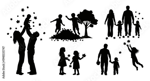 Black Silhouette Family Playing Outdoors with Leaves Vector