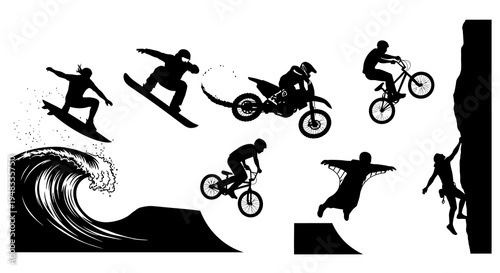 Action Sports Silhouettes: Surfing, Snowboarding, Motocross, BMX, Wingsuit, Climbing