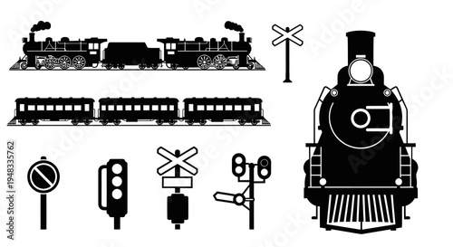 Black and White Vector Set of Vintage Train and Railway Signs