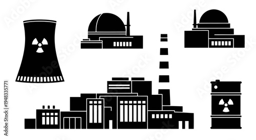 Black  White Glyphs: Nuclear Power Plant Icons, Cooling Tower, Reactor Building, Barrel