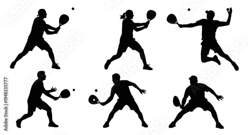 Silhouette of People Playing Tennis or Padel, Sports Black and White Vector